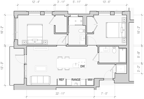Floor plan for 1 bed, 1 bath, 891 sqft